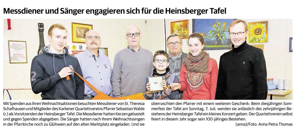 Berichterstattung Heinsberger Zeitung vom 8.2.19 Spende an der TAfel Heinsberg
